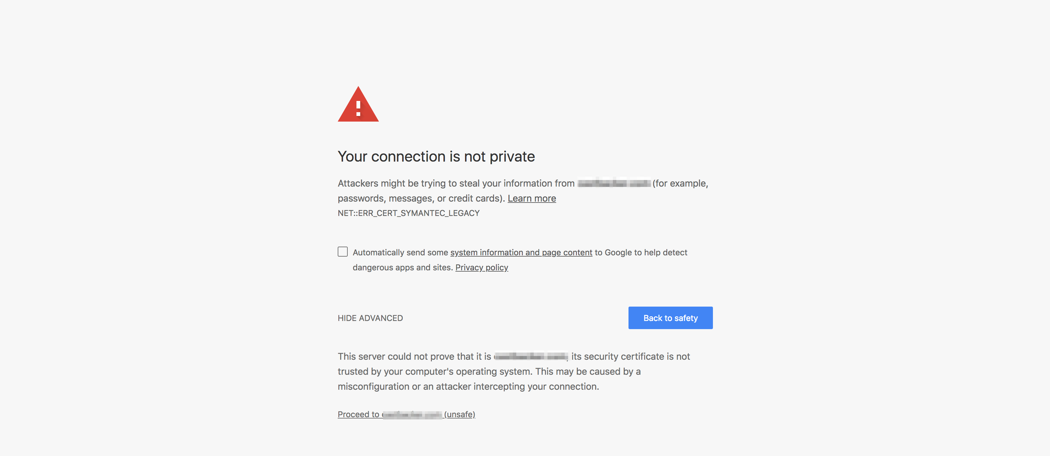 NET:ERR_CERT_SYMANTEC_LEGACY error message being displayed in chrome browser window